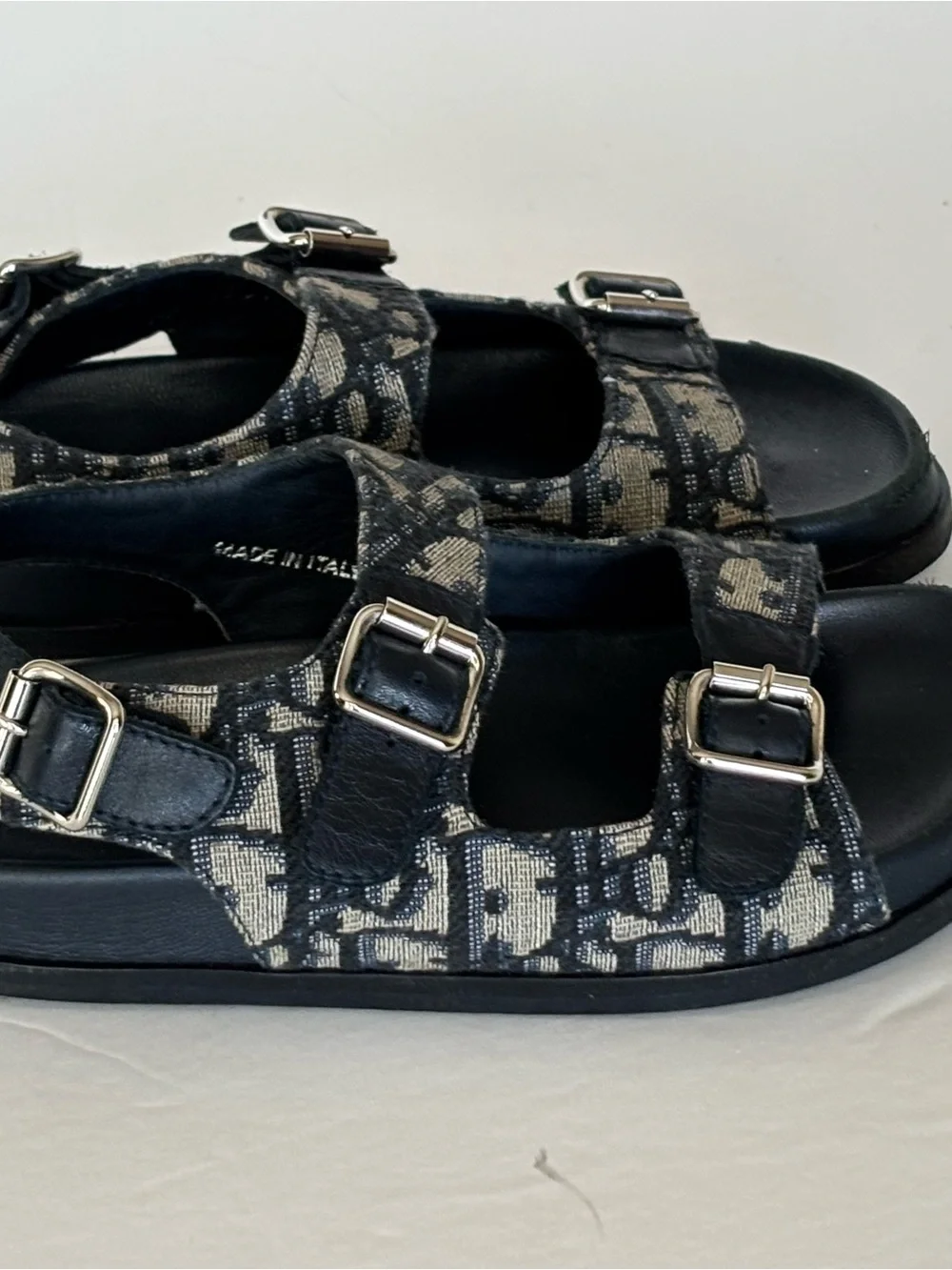 Dior Kids Dark Blue and Beige Logo Buckle Sandals